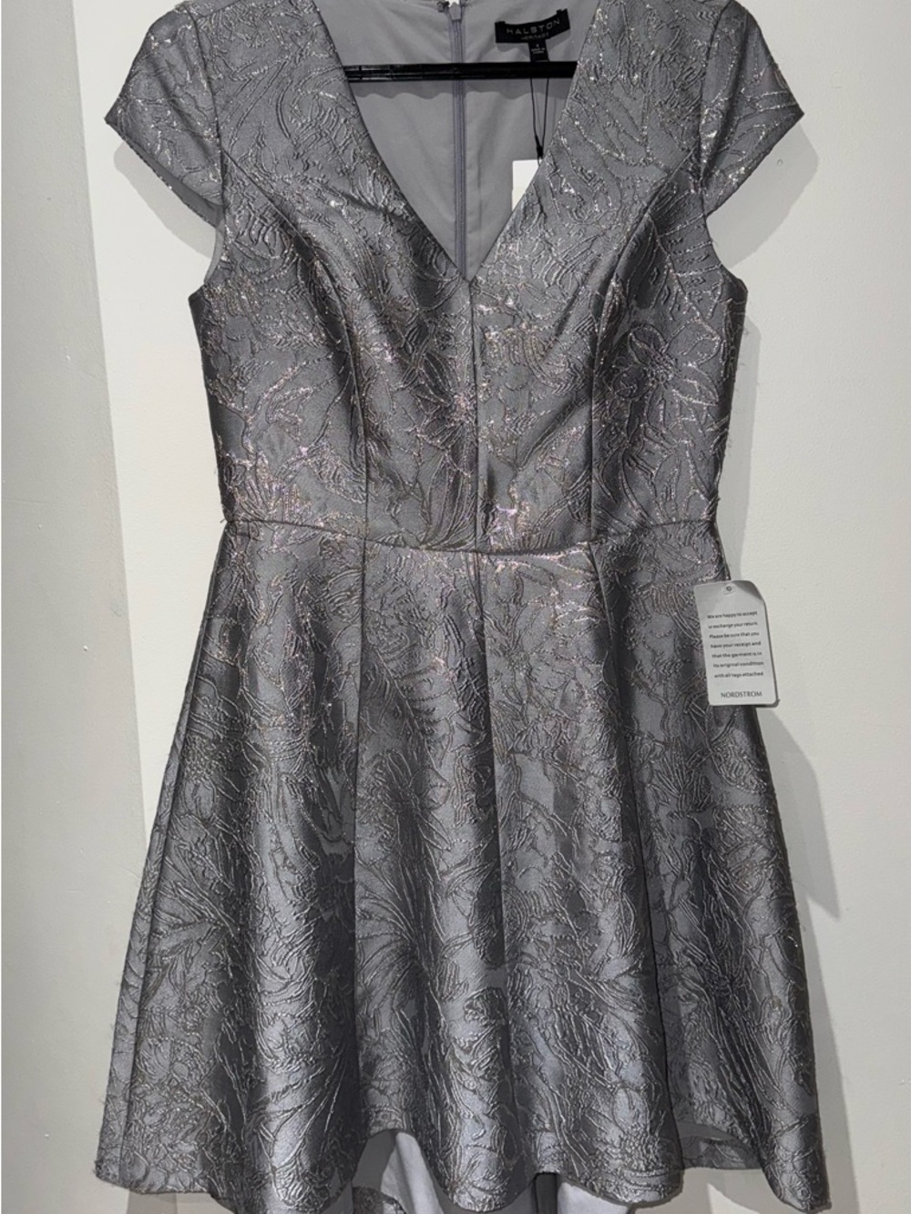 Halston Heritage Silver-Gray Floral Brocade Fit & Flare Dress